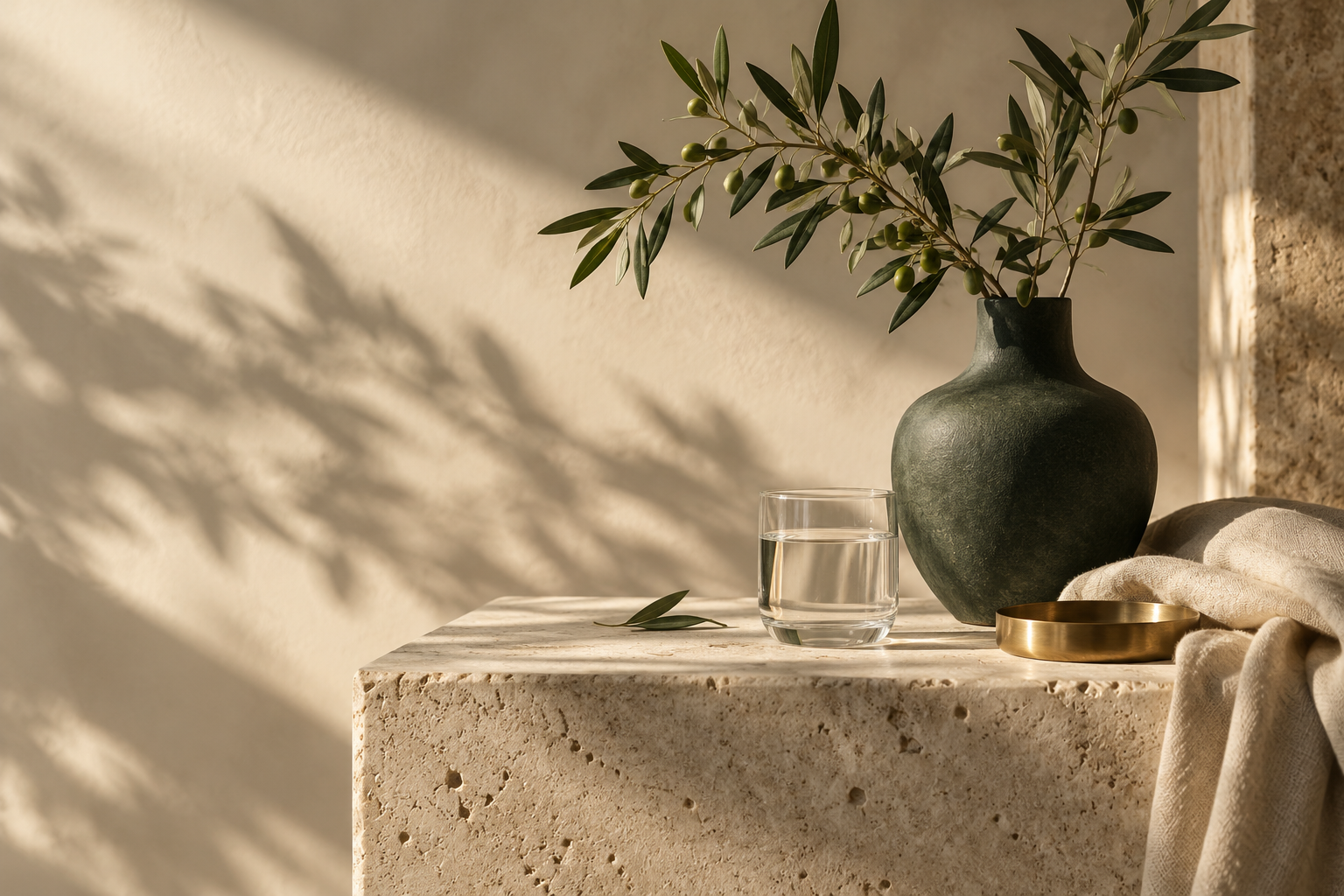 Olive leaves, water and natural textures in warm sunlight